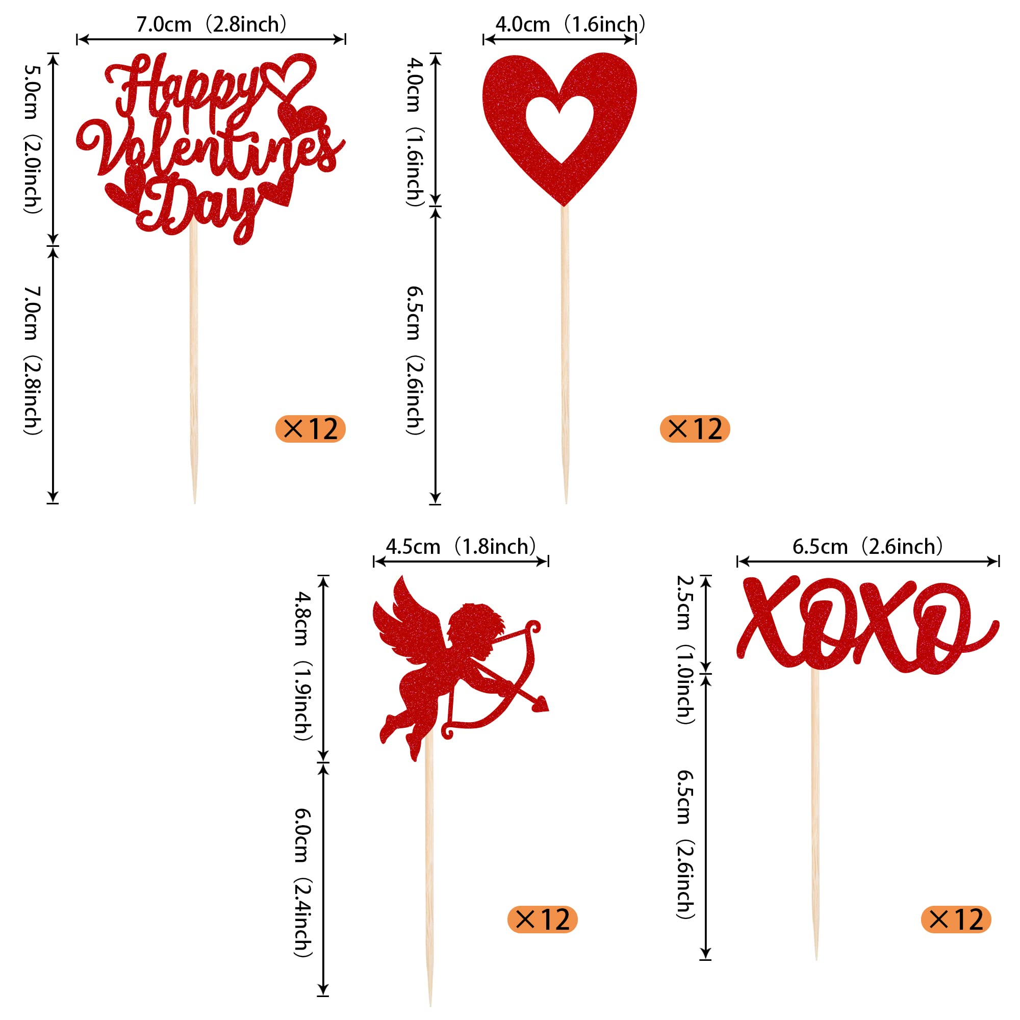 48 Topper Per Cupcake San Valentino Glitter – Scritta Happy Valentine's Day, XOXO Cupido – Confezione 4 Modelli – Decorazioni Per Dolci E Feste D'amore