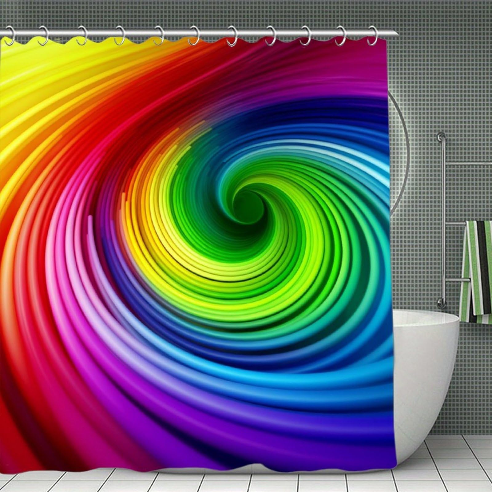 QMNLKH Rainbow Spiral Shower Curtain with Hooks, Waterproof Bath Curtains for Bathroom, Lightweight Bath Curtains Liner for Hotel, Personalized Bath Curtain for Spa, 70.8 Inch