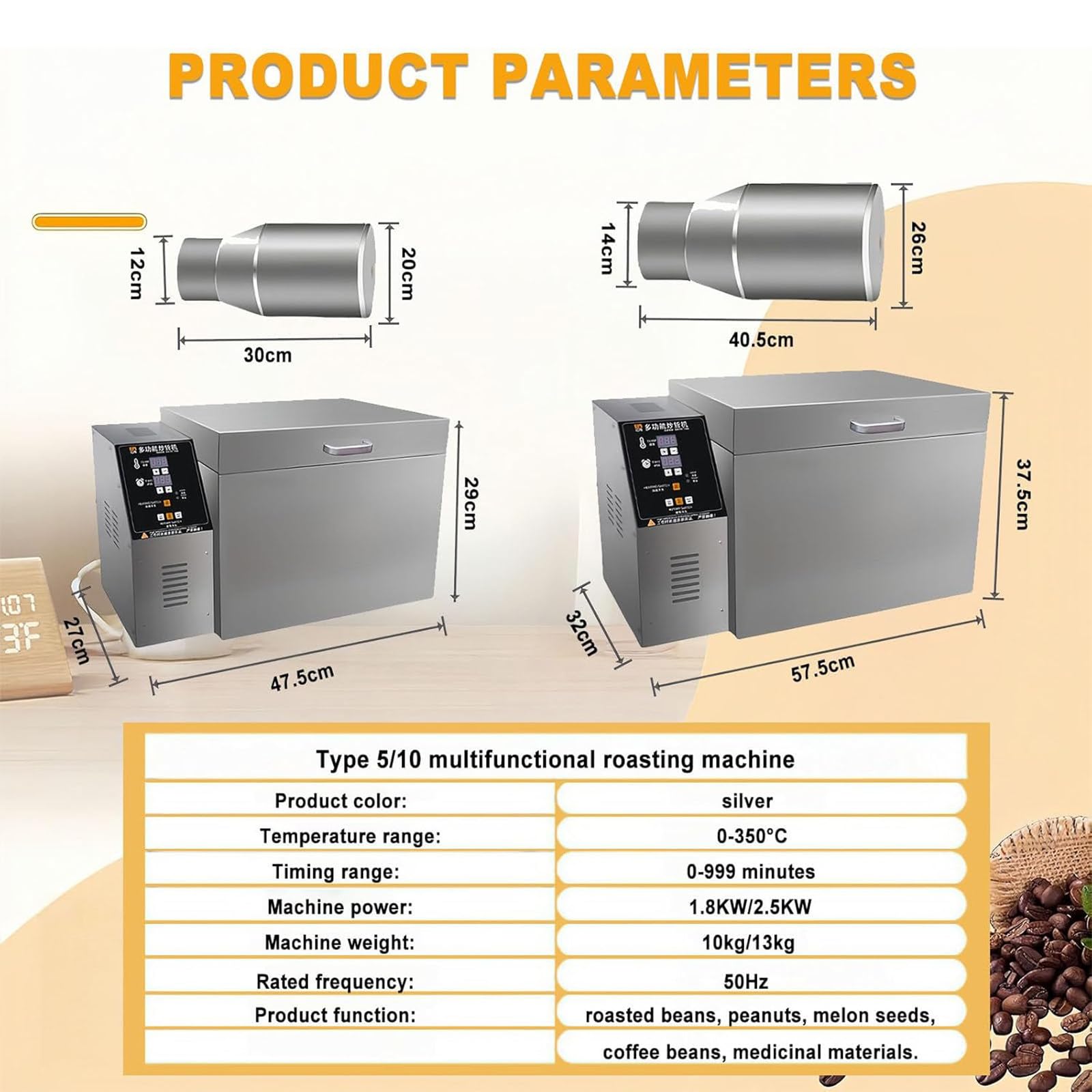 Torréfacteur de café Professionnel, torréfacteur Automatique, en Acier Inoxydable, avec température réglable pour la Cuisson du café, des châtaignes, des cacahuètes et des céréales Type5