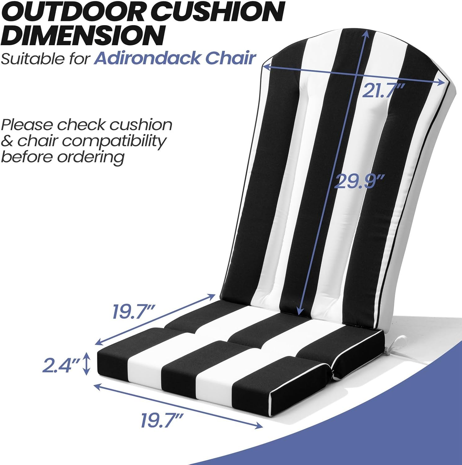 Crestlive Products 50x20 Inch Adirondack Chair Cushions Set of 2 Outdoor Rocking Chair Cushions Waterproof Fade Resistant High Back Patio Replacement Cushions, Black Stripe