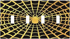 Decorative Switch Plate Covers Black Background with Golden Spiderweb Spider 4 Gang Light Switch Cover Plate Quad Toggle Wall Plate Outlet Covers for Bedroom Home Decor