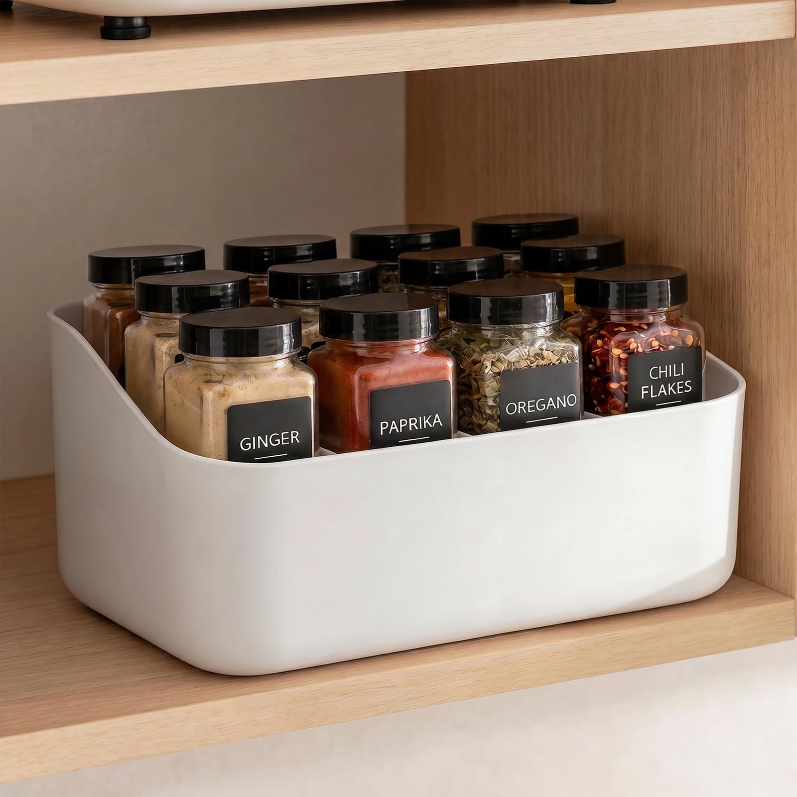 PAVSTINE Spice Rack Organiser with 4 Compartments, Seasoning Storage Shelf, Kitchen Countertop Organizer for Spice Jars, Pantry Cupboard, Drawer & Fridge Organization, White