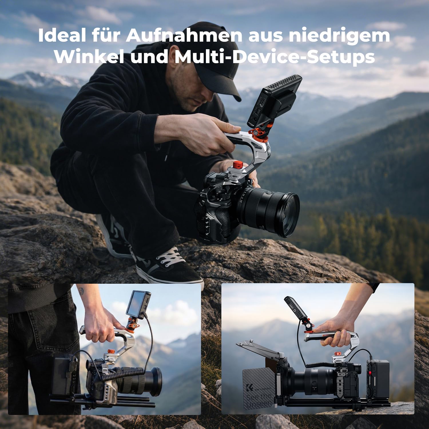 K&F CONCEPT Top Handle für Kamerakäfige,mit 3/8"-16 Locating Schraube für ARRI und mit Schnellverschluss für NATO-Schiene,Oberer Kameragriff mit 4 Kaltschuhadaptern für Zubehör