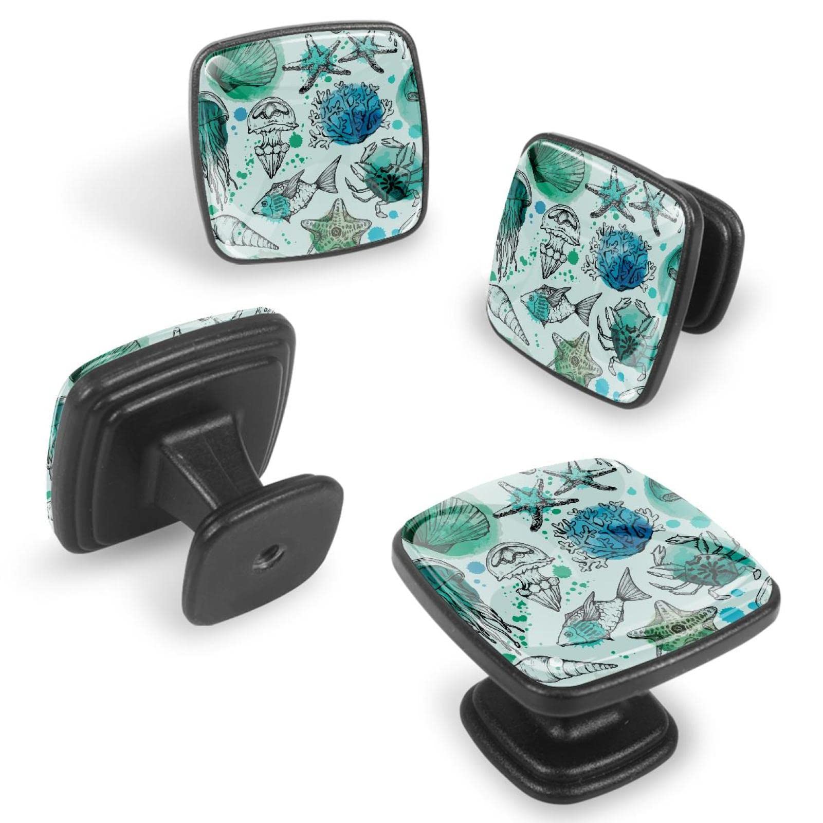 Poignées d'armoires de cuisine par 12, boutons motif méduse et étoile de mer vert vintage