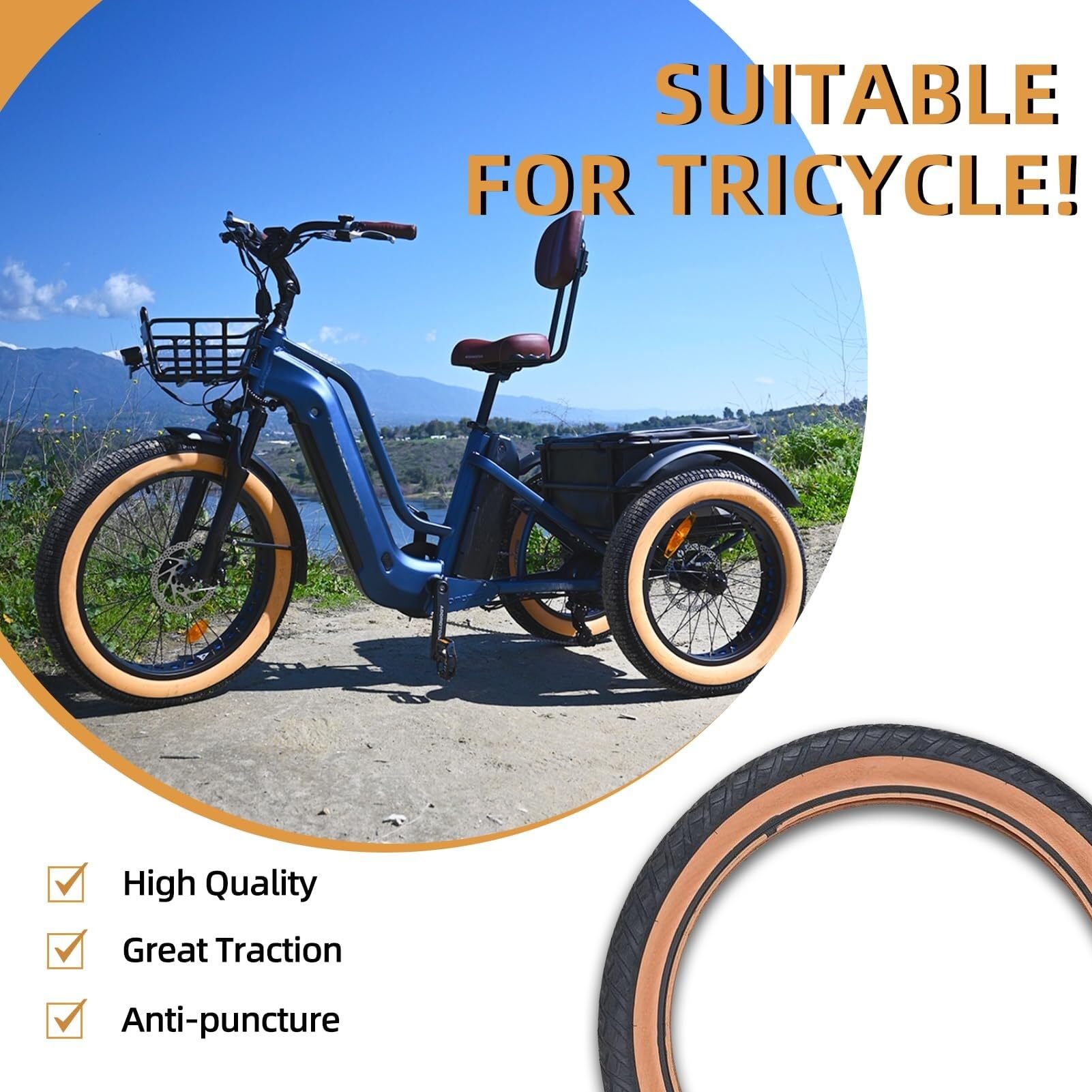 26 x 4,0 E-Bike Grube opony o dużej wytrzymałości, odporne na zużycie, zamienne opony do trójkołowego roweru elektrycznego, kompatybilne z szerokimi rowerami miejskimi lub 3-kołowymi