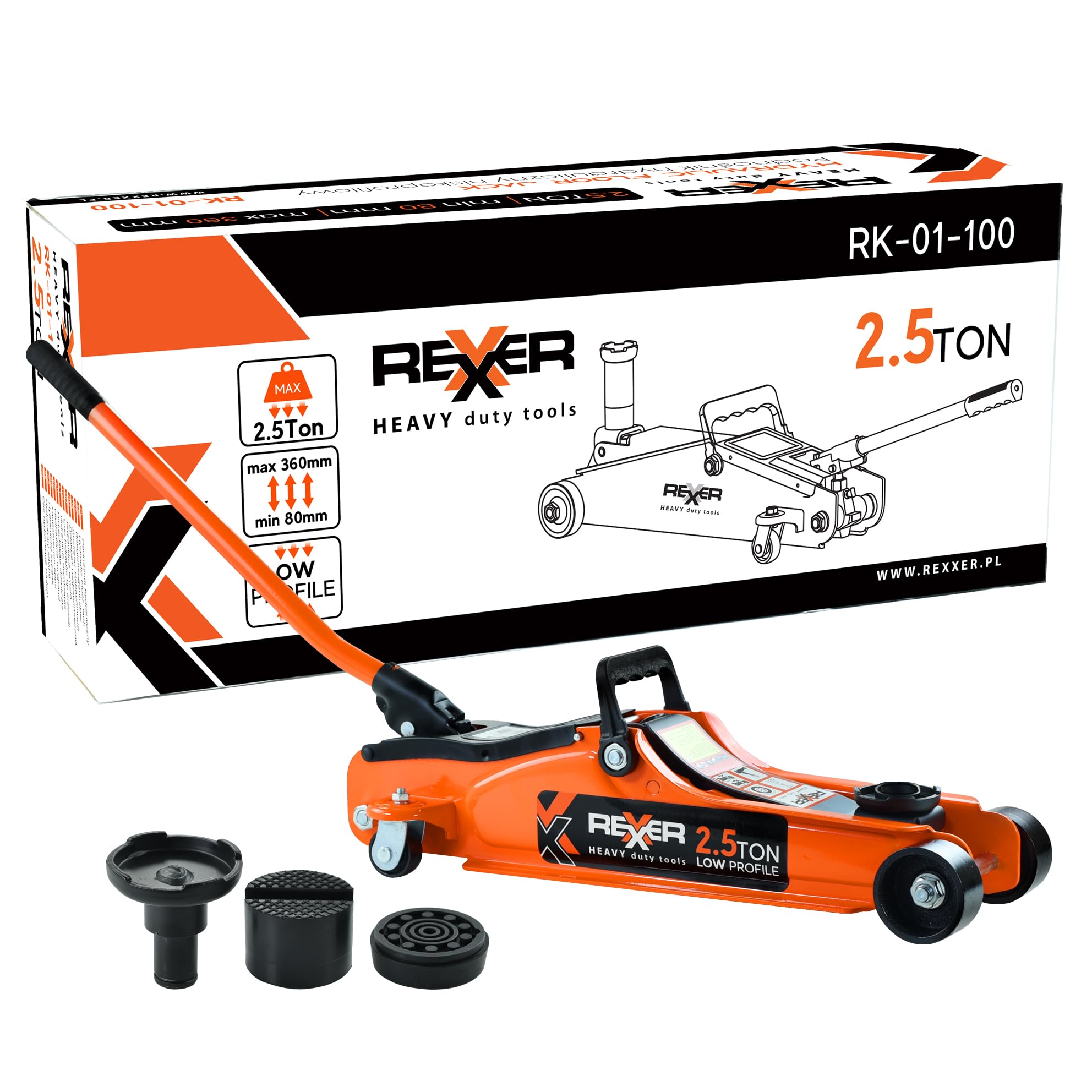REXXER Niedrigprofil Rangierwagenheber 2,5 t | Hydraulisch, flache Bauweise, für tiefergelegte Fahrzeuge, Tragkraft 2,5 t