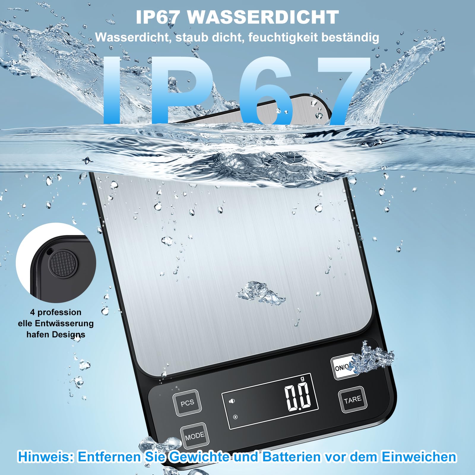 Diyife Wasserdicht IPX67 Küchenwaage 10KG, 0,1g Digitalwaage mit Großer Edelstahl Wiegefläche, Wiederaufladbar Lebensmittelwaage,10 Maßeinheiten, LCD-Display, Tara, Zählfunktion, Briefwaage Schwarz