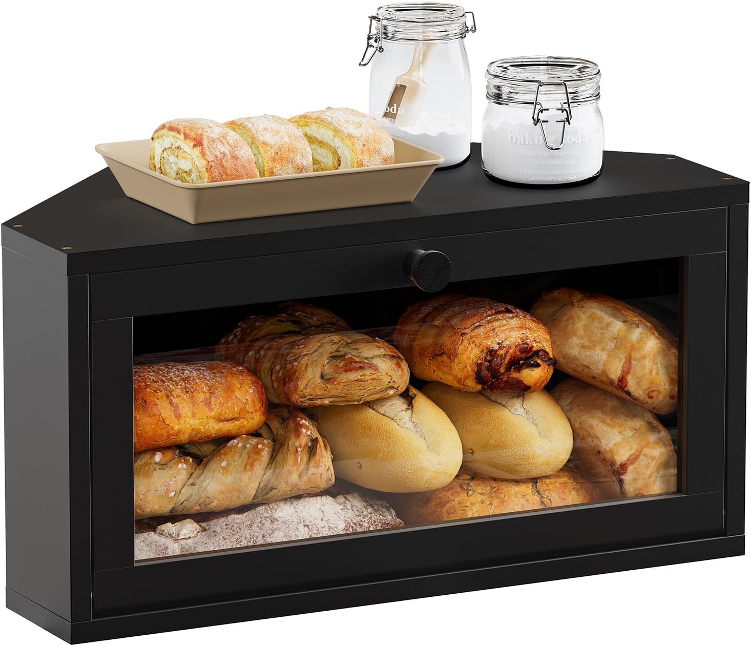 WOWLIVE Corner Bread Box for Kitchen Countertop, Large Bamboo Bread Storage Container for Homemade Bread, Farmhouse Bread Holder with Window, Multi-functional Container, White