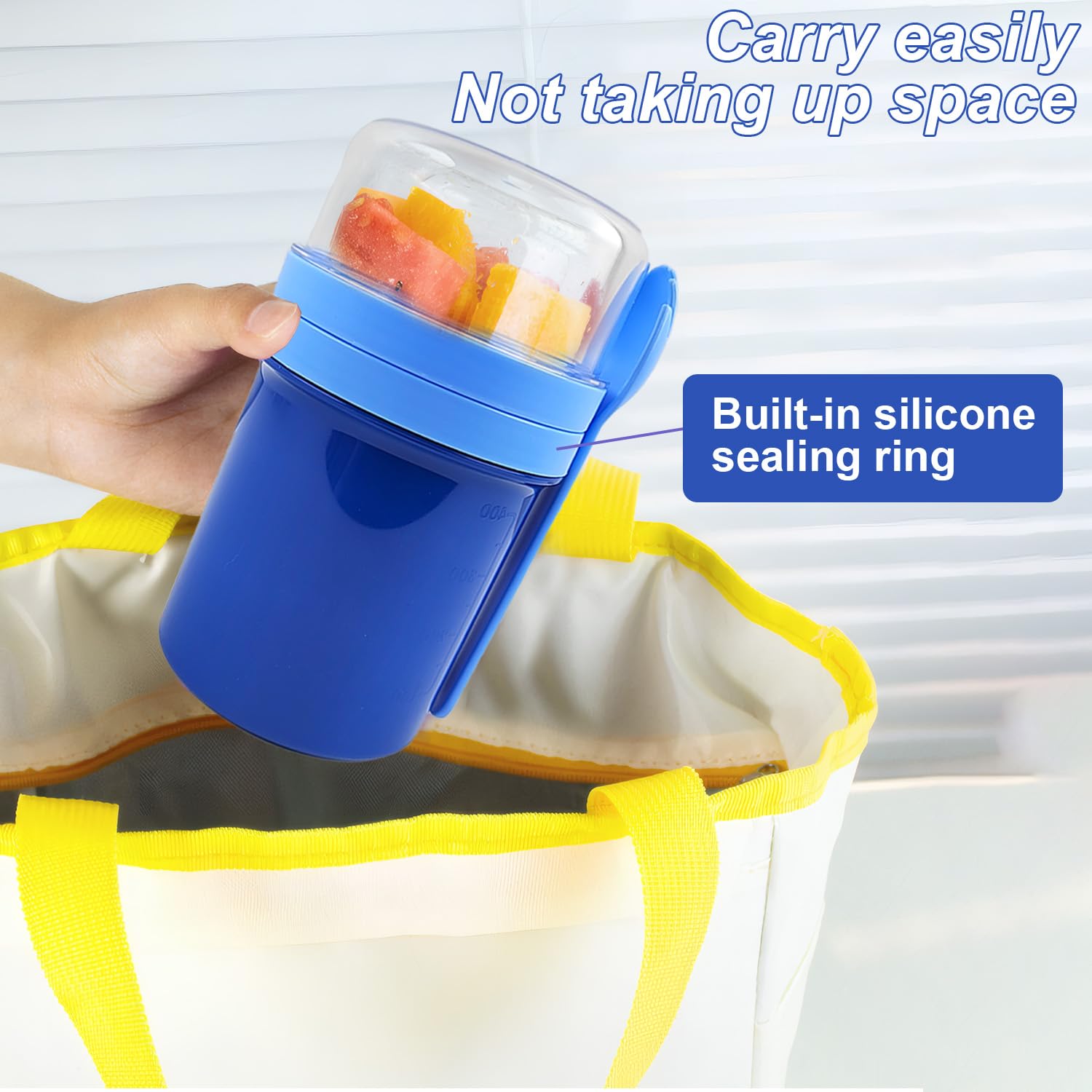 2 Stück Müslibecher to Go, Joghurtbecher to Go Mit Löffel, 450ml+350ml Blau und 550ml+350ml Grün, Müsli Becher to Go für Müsli & Joghurt, Auslaufsicher Müsli Cup Becher (Blau)