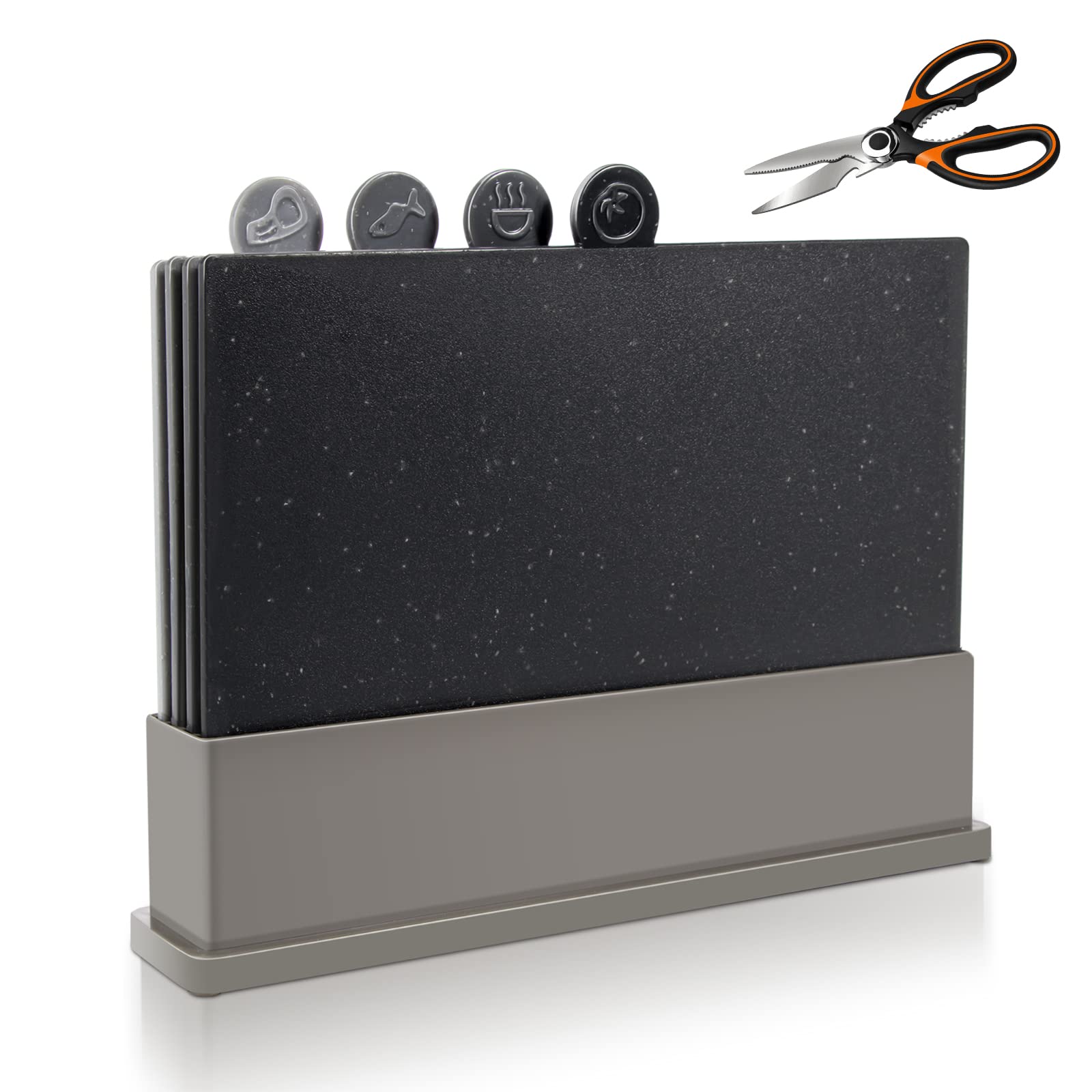 MASTERTOP Ensemble de 4 Planches à Découper Index, Planche à Découper Plastique Antidérapant avec Etui de Rangement, pour Préparation Séparée des Différents Aliments (Gris Dégradé)