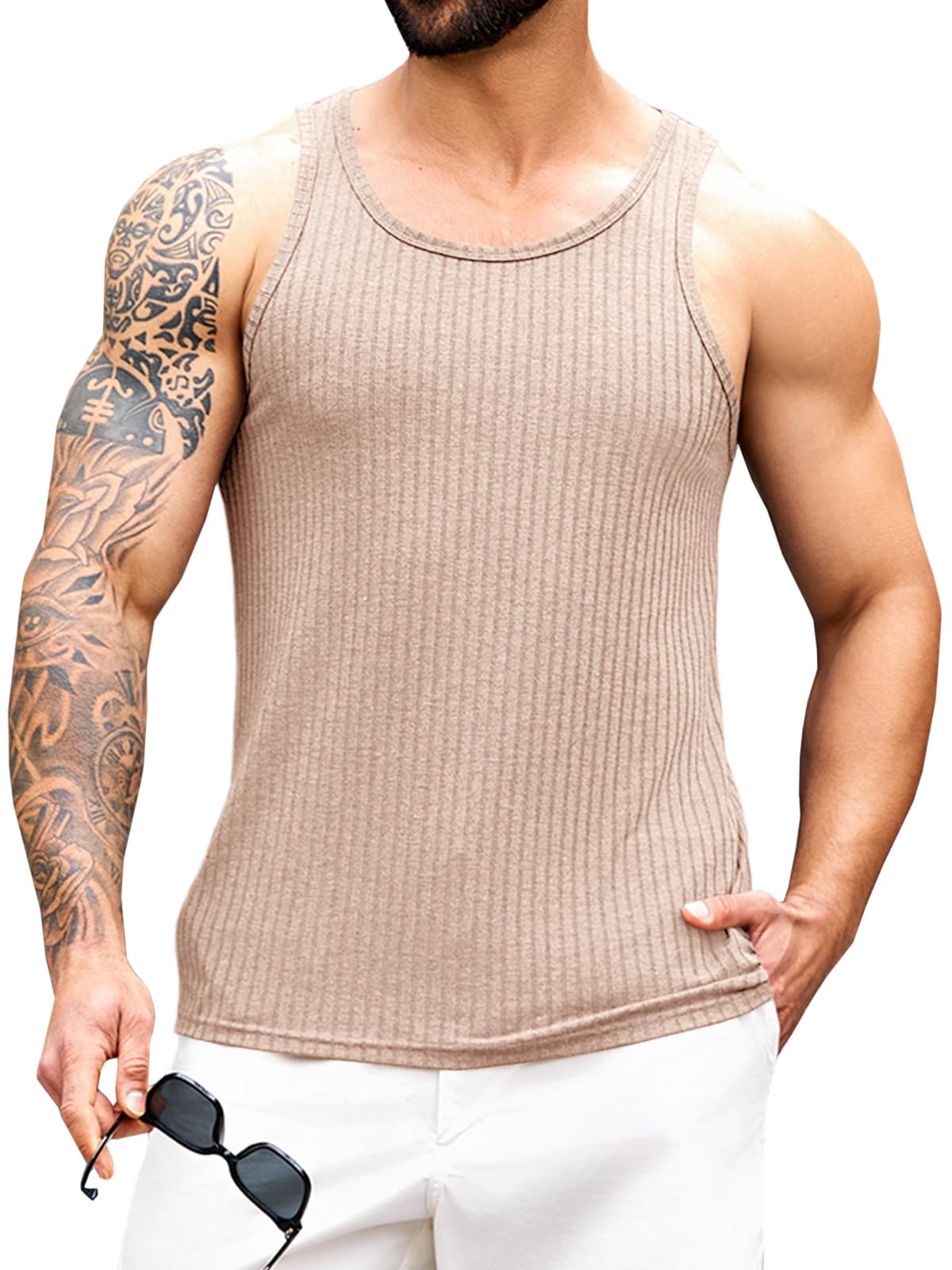 Runcati Mens Ribbed Knit Tank Top Cotton Sleeveless Shirts Summer Beach Workout Muscle Undershirt