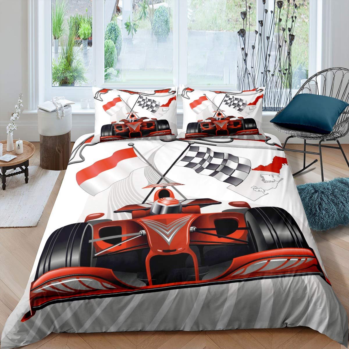 Homemissing Race Car Bedding Set Red formula Sports Car Duvet Cover for Kids Boys Youth Man Teens Cool Speed Racing Car Comforter Cover Extreme Sports Bedspread Cover 3Pcs Double Size,Zipper
