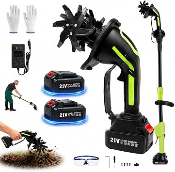 21V 2-in-1 Cordless Mini Garden Tiller Cultivator with 24.0Ah Batteries, 235RPM Electric Handheld Rototiller, 4" Width & Depth Soil Cultivator with Extension Rod for Raised Beds, Flower Beds