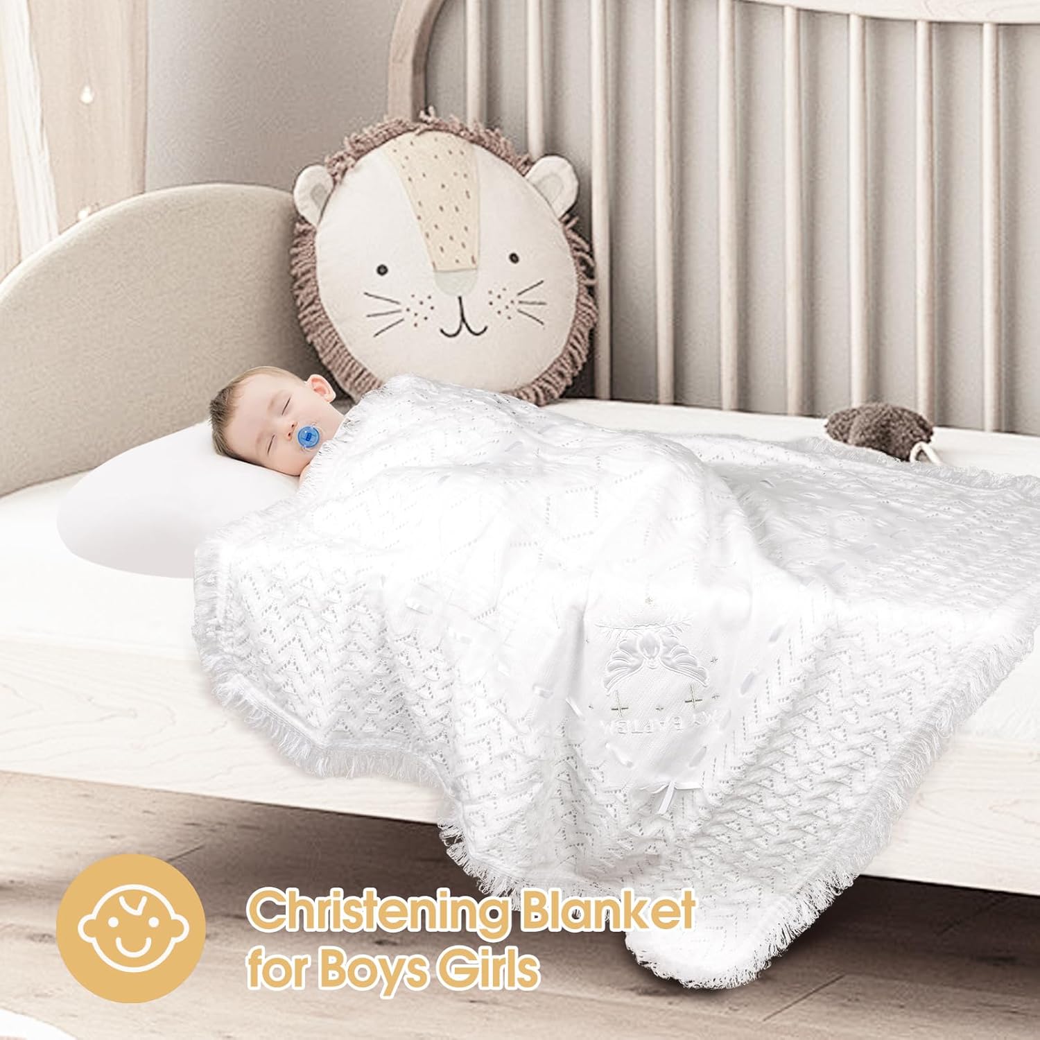 Baby Blanket for Boys Girls Baptism Christening Gifts for Girl Boys Soft White Knitted Shawl Receiving Crochet Blankets Towel for Neutral Newborns Toddler