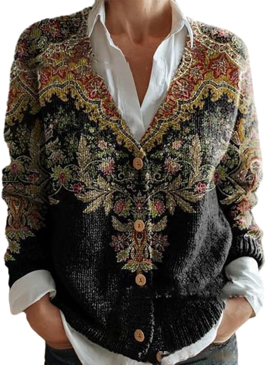 Womens Lightweight Boho Floral Knit Cardigan Cute Casual Loose Vintage Graphic Long Sleeve Button Down Sweater Coat