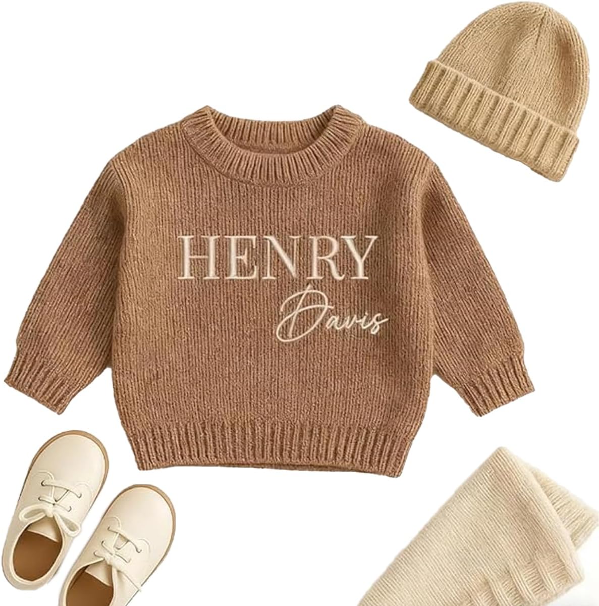 Personalized Name Embroidered Baby Sweaters, Custom Knitted Sweaters for Newborns, Toddlers, Infants, Little Girls Boy, Birthdays, New Year, Newborn, Easter White