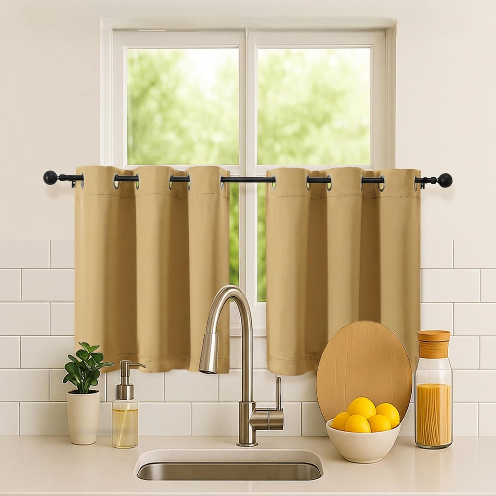 Simplebrand Gold Short Kitchen Curtains 24 Inch Length 2 Panels Set, Small Windows Room Darkening Curtain for Bathroom, Cabinet, Basement, RV Camper, Thermal Insulated Short Drapes, 40 x 24 Inch