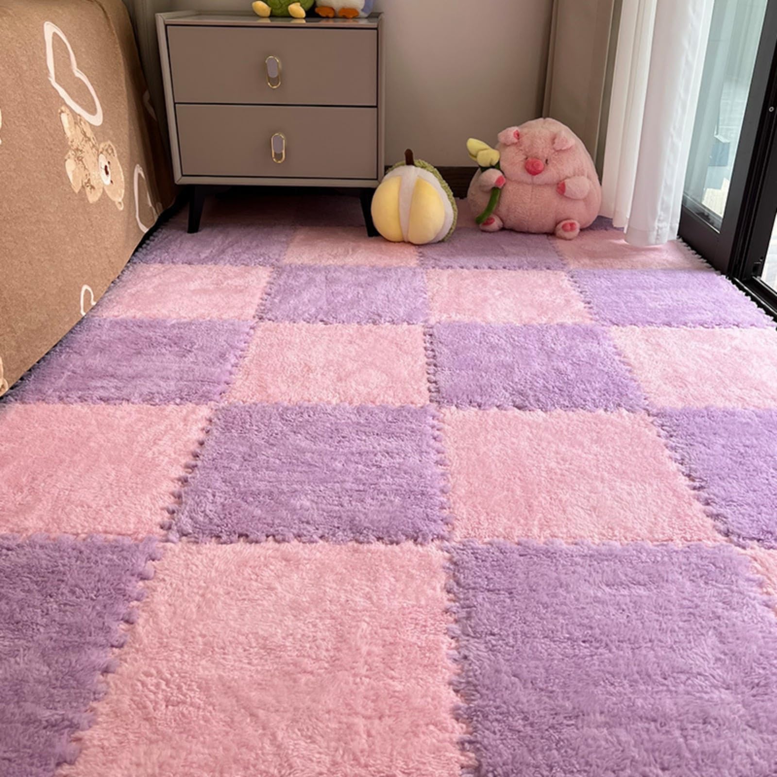 Hiseng 12 Pezzi Tappetini Puzzle in Peluche, Tappeto Puzzle Morbido Peluche Tappetino in Schiuma Piastrelle in Schiuma a Incastro per Camera da Letto