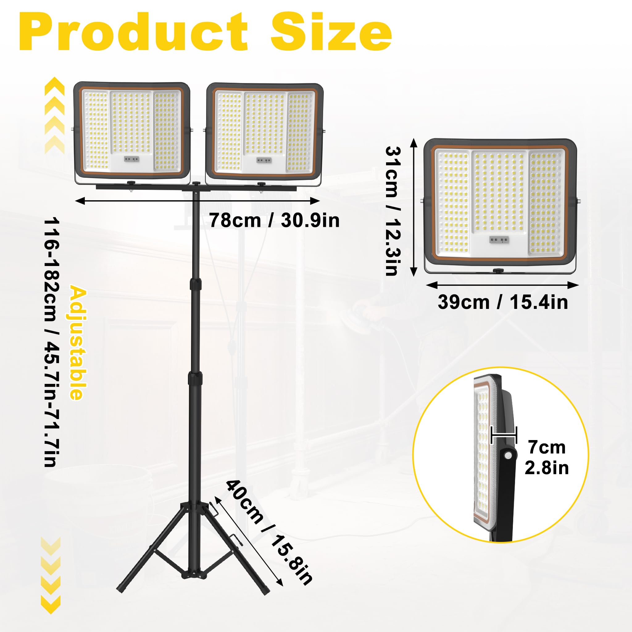 UISEBRT 2 focos LED de 300 W con batería con trípode y cable tipo C de 2 m, giratorio 360°, 3 modos de luz, altura regulable de 116 a 182 cm, blanco frío, IP66, resistente al agua, para garaje, taller