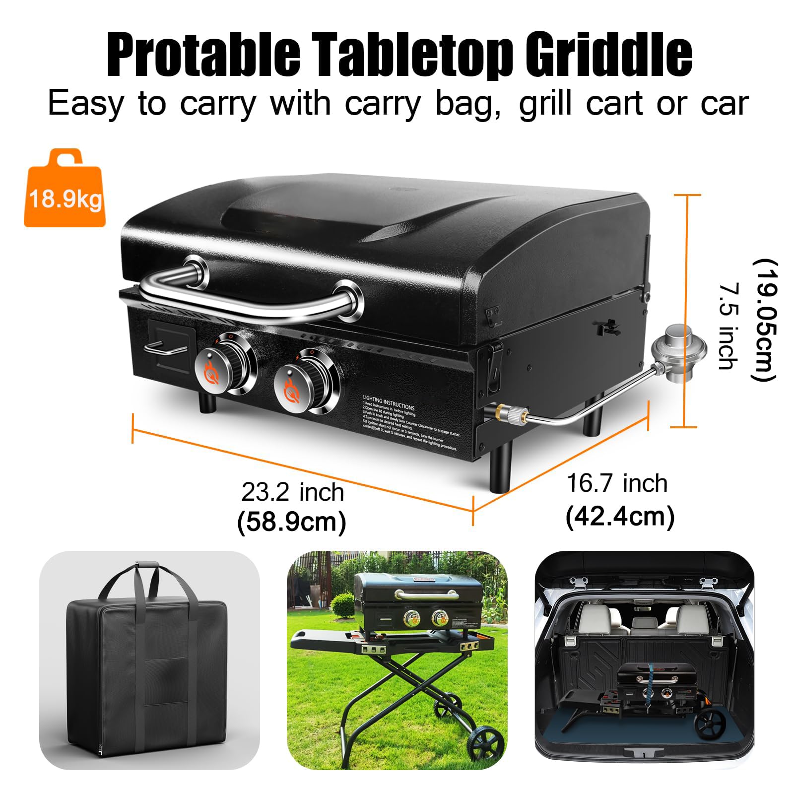 GFTIME Tischgasgrill mit 2 Brenner, Grillplatte Plancha Gasgrill mit flacher Oberseite Grillplatte Propangrill mit Tragetasche 22 Zoll, 48.000 BTU, Keramik-antihaftbeschichtete Grillplatten mit Haube