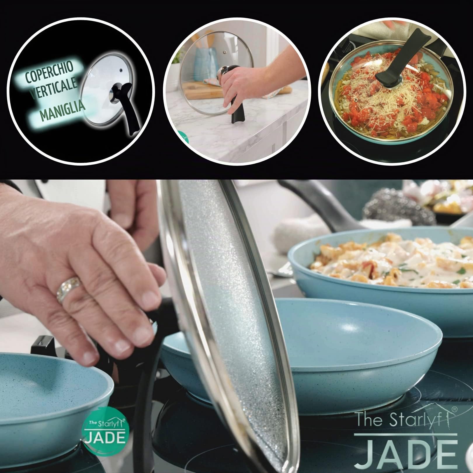 STARLYF JADE PAN - Set di Padelle Antiaderenti con Rivestimento in Giada, Adatte per Induzione, Gas e Vetroceramica, Manico Ergonomico e Riscaldamento Uniforme, Durevole