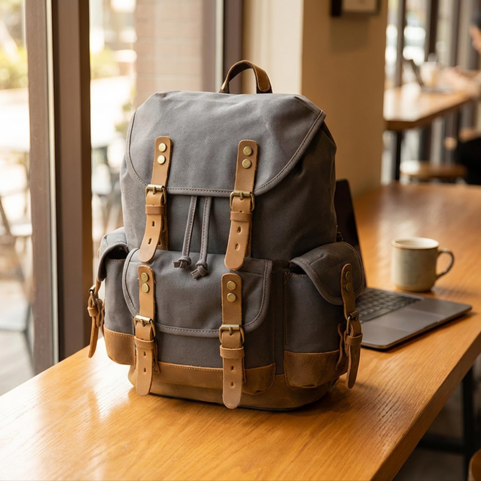 Zaino in Tela Casual Zaino con Tasche Laterali Robusto Zainetto per Pendolari, Cachi