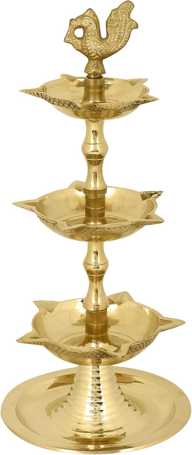 SATVIK Standing Brass Kerala Samai Diwali Deepak for Puja Traditional Panchmahal Pooja Deepam Diya Oil Lamp Kutthu Vilakku Dia 3 in 1 Step Adjustable 8.5 inch Deepawali Indian Gift Item