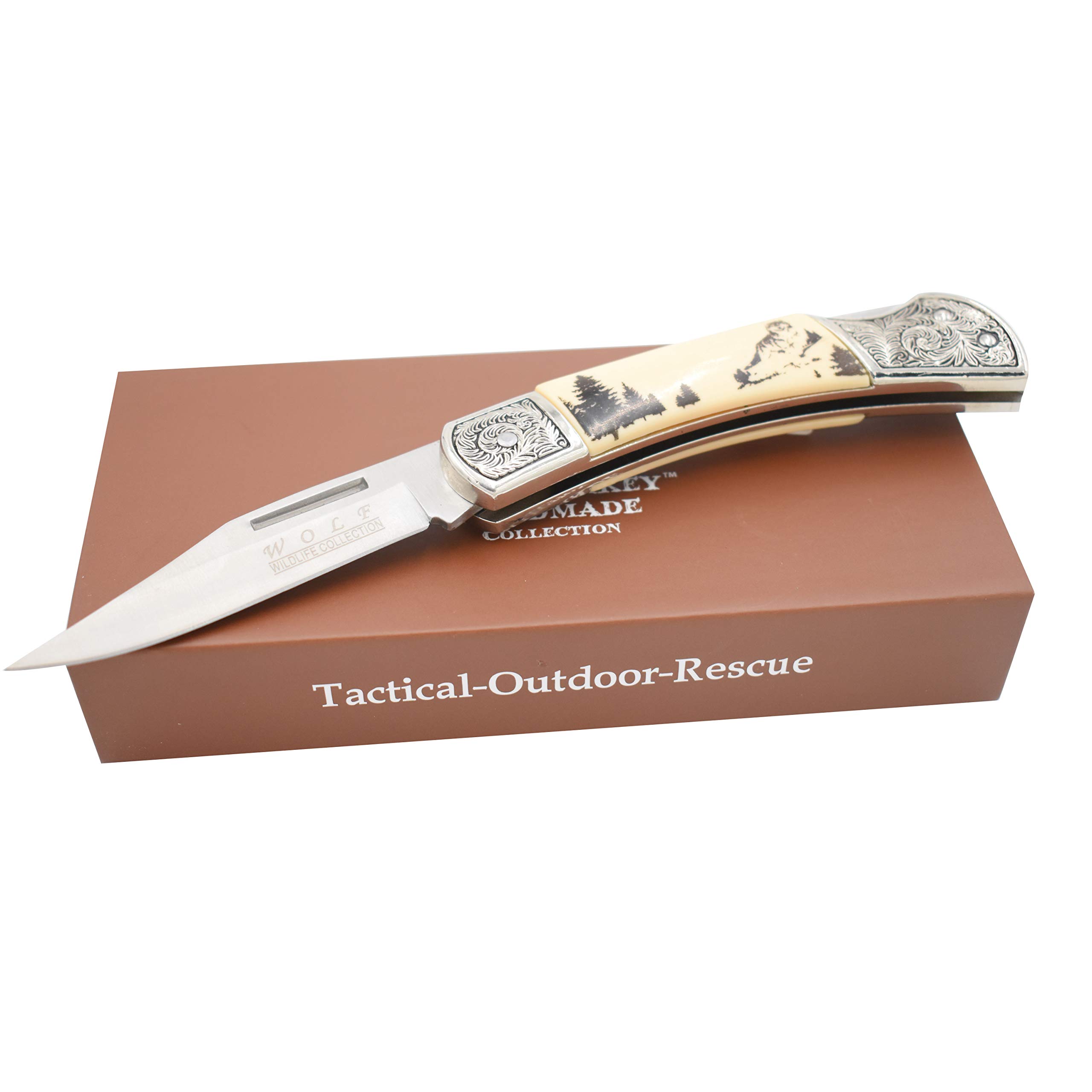 Wild Turkey Handmade Wildlife Collection Everyday Carry Lock Back Manual Folding Knife w/Display Box - Smooth One Hand Wildlife Handle Knife - Beautiful Limited Edition Collectors Item (Wolf)