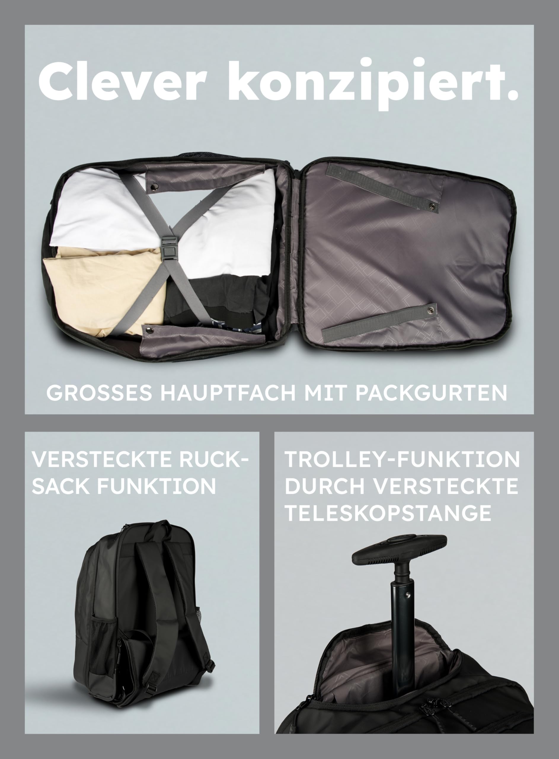 Trolley-Rucksack - Business Laptop- & Tablet-Trolley - Reiserucksack & Handgepäck - wasserabweisend & robust - viele Fächer mit Hauptfach für Kleidung - für Arbeit, Schule, Reisen & Uni