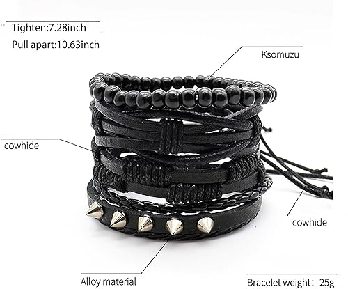 Miniatura 5 de Pulsera de cuero genuino Pulsera trenzada de plumas de cuero negro punk rock pulsera para hombres y mujeres Pulsera de tamaño ajustable