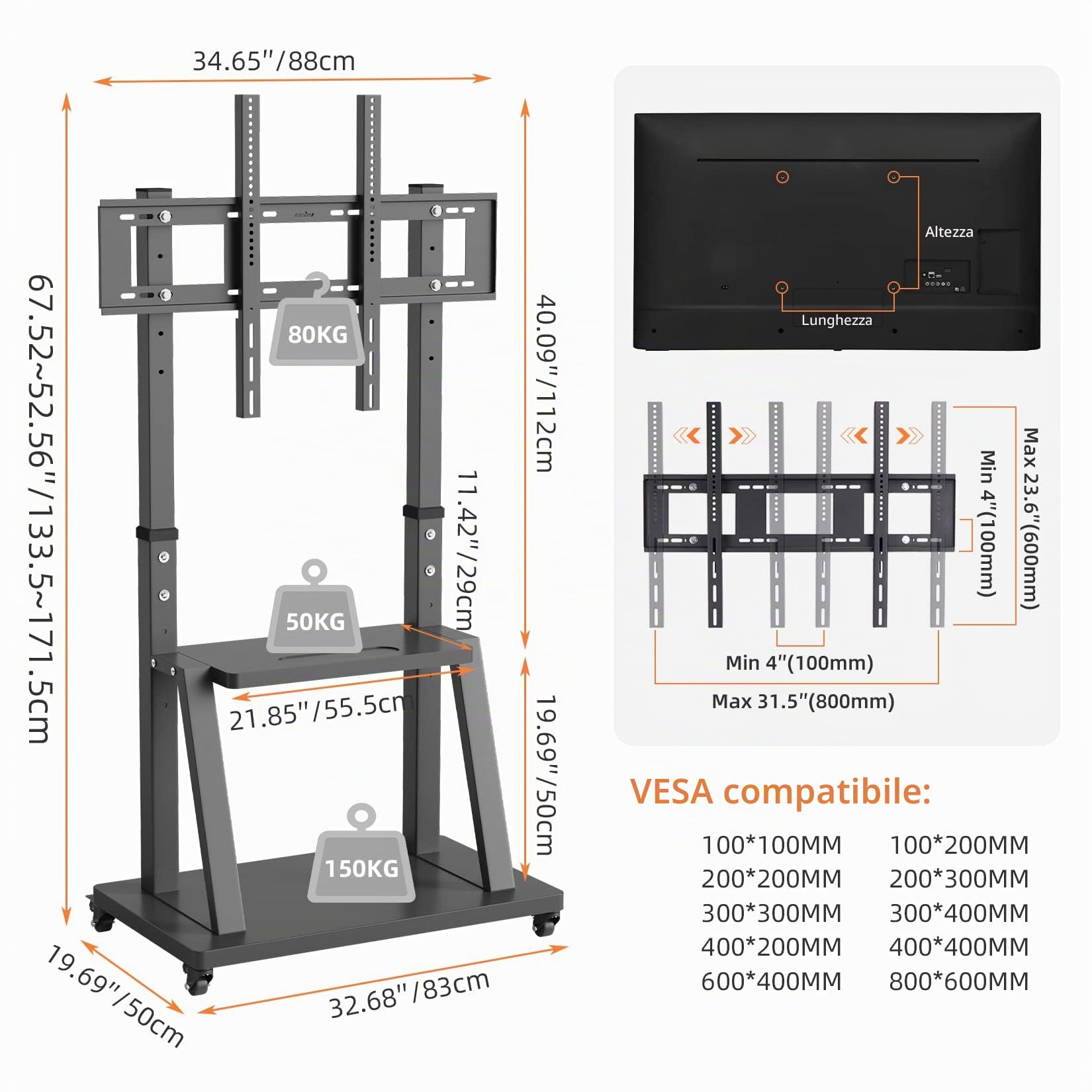 UNHO Supporto TV Mobile con Rotelle: Supporto TV da Pavimento per 32-100 Pollici Portata 80 kg, Porta TV con Ruote Altezza Regolabile, Max VESA 800x600mm