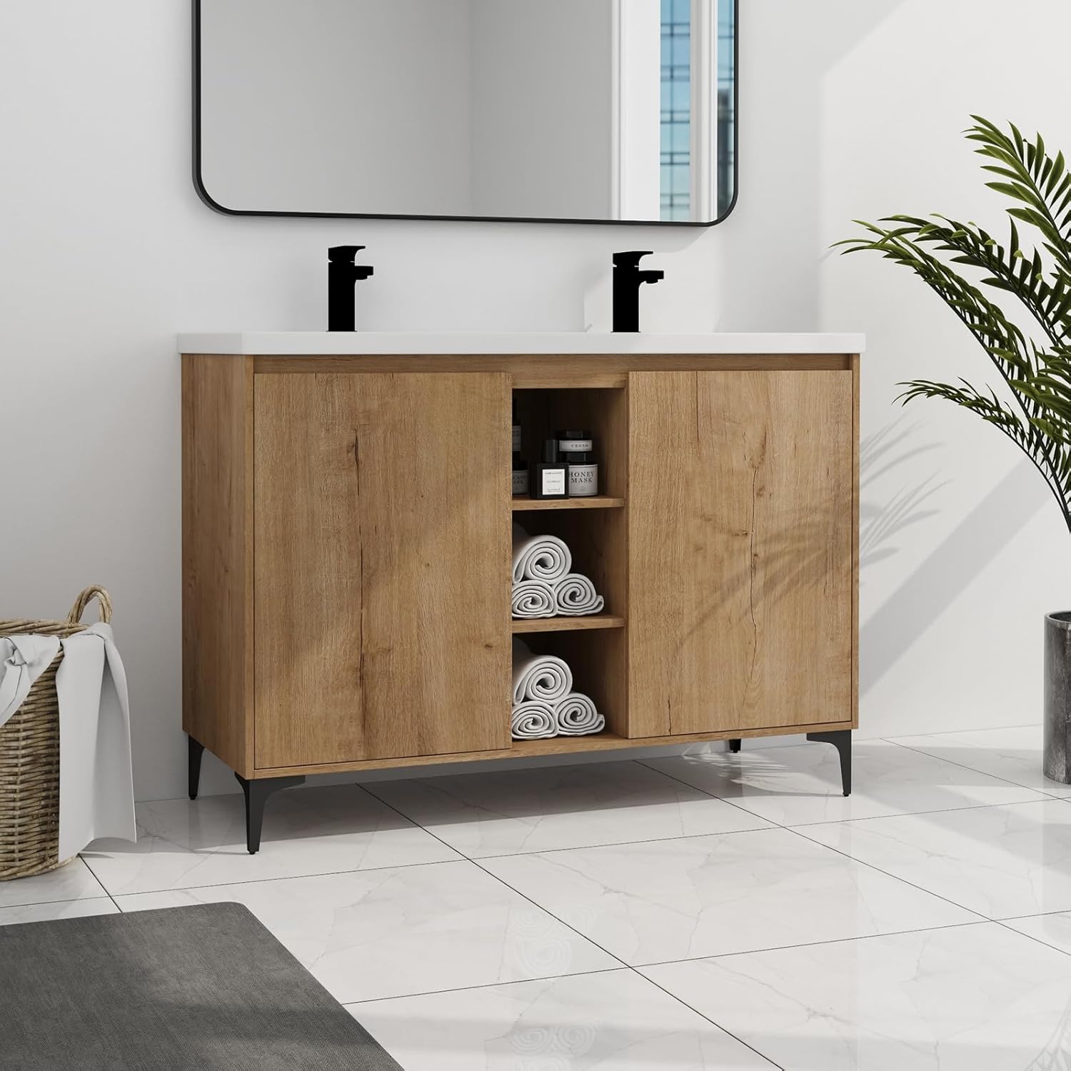 Pvillez 48 inch Double Sink Bathroom Vanity, Freestanding Double Bathroom Vanity with Resin Sink Basin Top, Modern Wood Bathroom Vanity Cabinet with 2 Soft Close Doors & 3 Open Storage Compartments