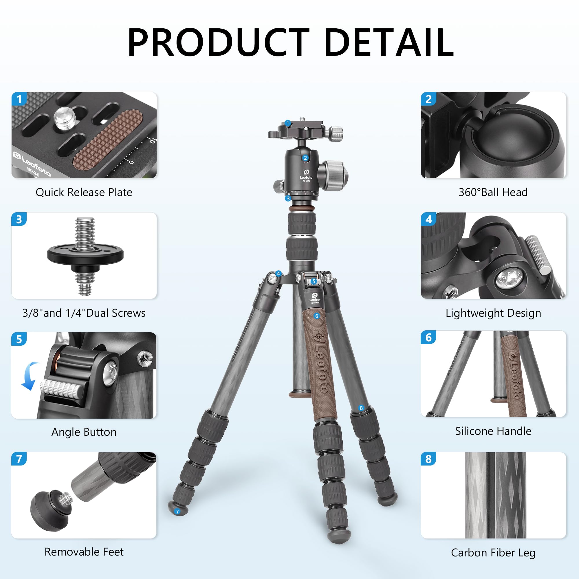 Lightweight Carbon Fiber Reversible Folding Travel Tripod with Ball Head, Removable Center Column, Folded Height 36cm, Maximum Load 6KG?LX-225CT+XB-32Q?