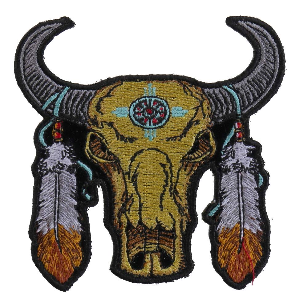 Small Buffalo Head Feathers Patch - 3.5x3.5 inch. Embroidered Iron on Patch