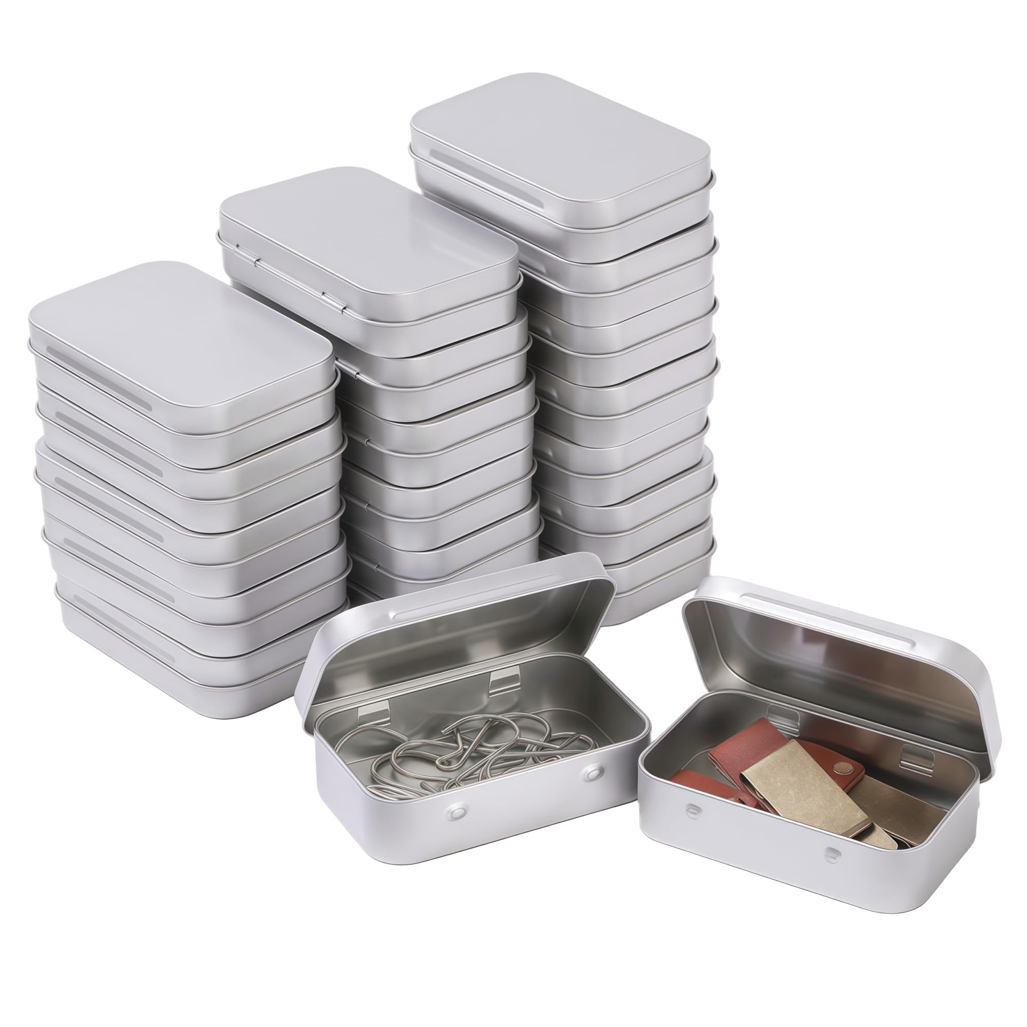 LJY 20 Pack Silver Rectangular Metal Tin Box with Hinged Lid 9.5 x 6 x 2.2 cm – Empty Small Storage Tins for DIY Labelling, Survival Kits, Soap and Hardware Organiser