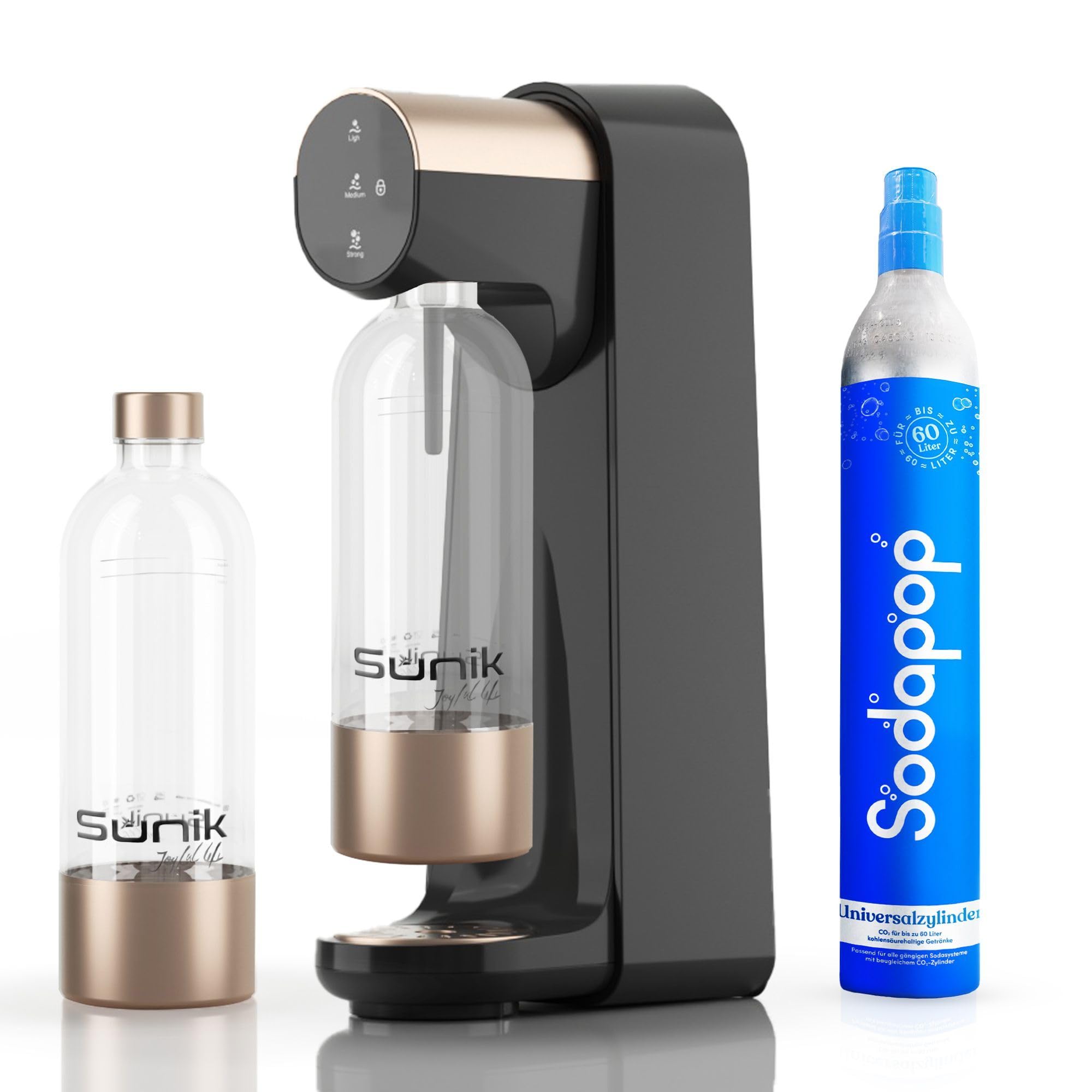 Sunik® Wassersprudler elektrisch SUNfizz One - mit Universal CO2-Zylinder und BPA Freie Kunststoff-Flasche 1L, Höhe 42cm