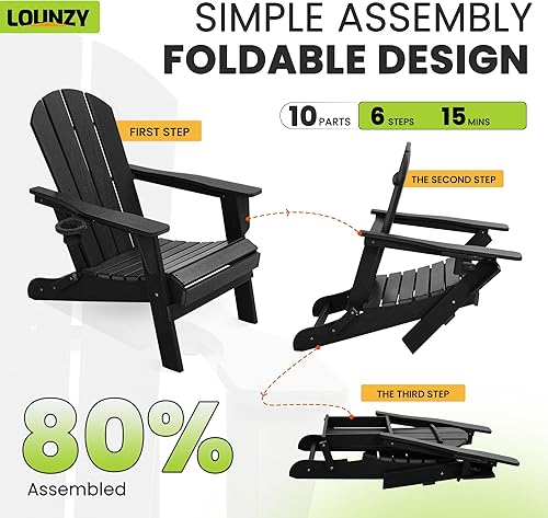 Miniatura 4 de LOUNZY Silla Adirondack plegable con soporte para tazas, silla plegable de polietileno de alta densidad para todo tipo de clima, silla Adirondack de
