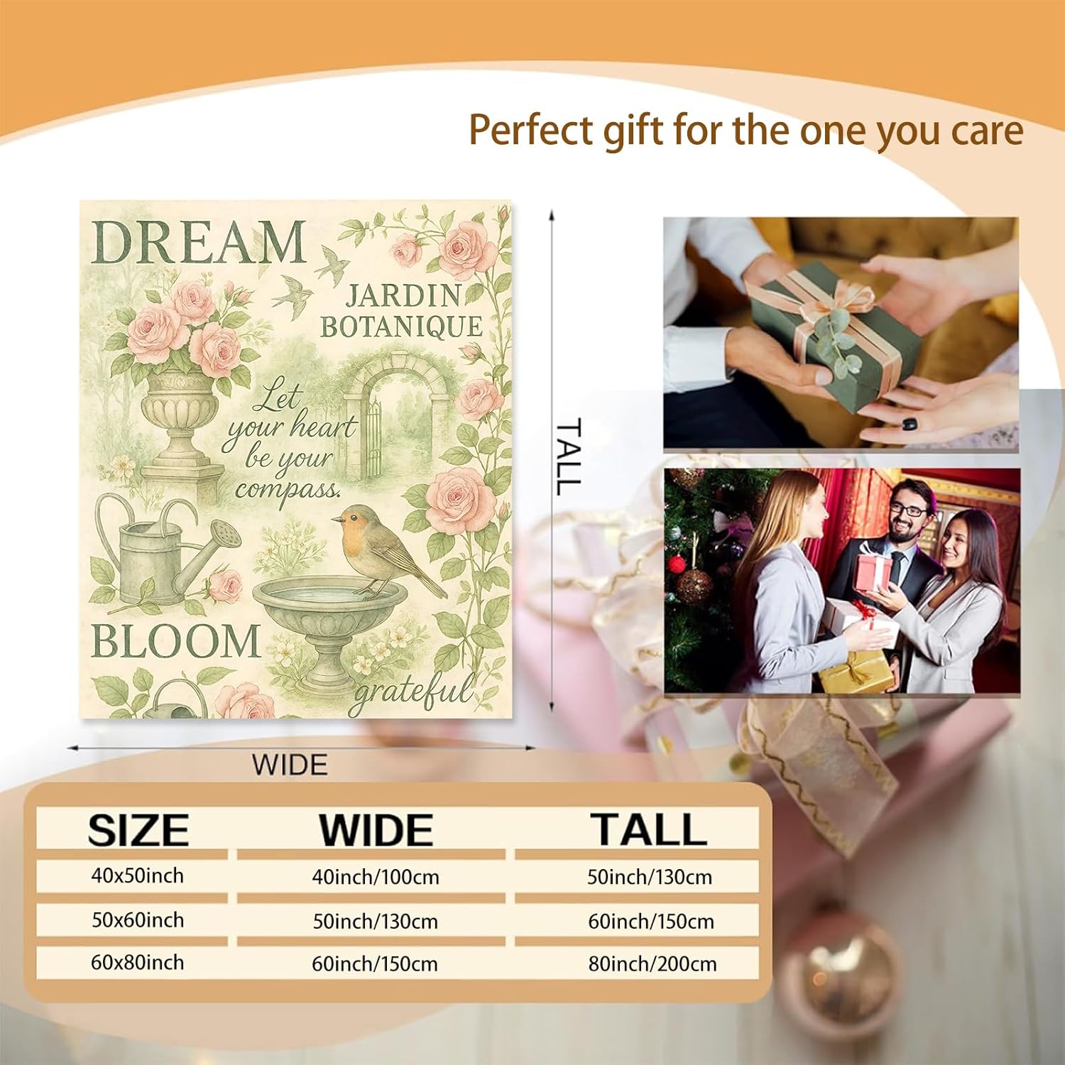 French Garden Bird and Floral Blanket Gifts for Women Adults, Soft Warm Lightweight Flannel Throw Blankets for Camping Bedroom Living Room Home Sofa Travel Decor 50" x 60"
