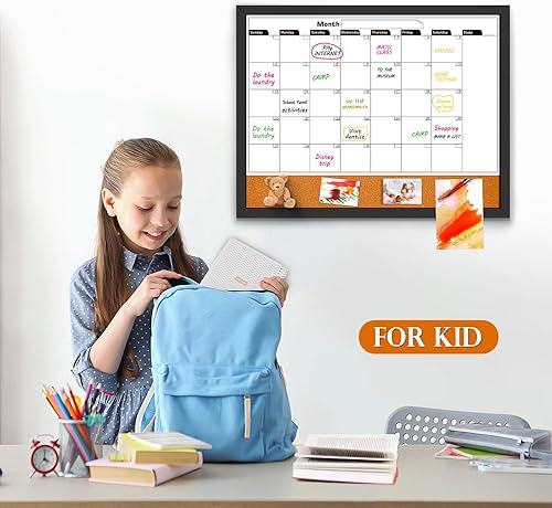 Miniatura 7 de Calendario mensual de pizarra blanca y tableros de corcho para paredes, pizarra magnética de borrado en seco de 23 x 17 pulgadas con marco de madera