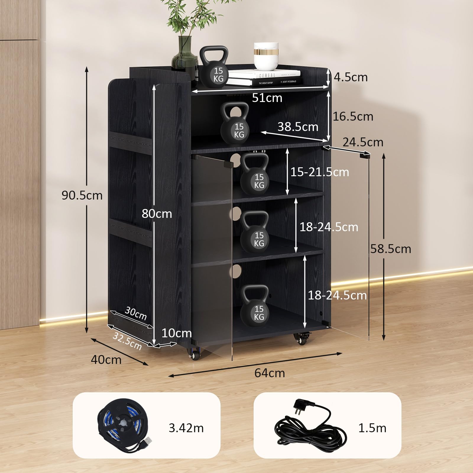 YU YUSING Vetrina Espositiva con LED per Vinili e CD, Mobile Espositivo con Porta Vinili a 5 Ripiani, Mobile Giradischi Porta CD, Presa di Corrente Integrata e Ruote, Giradischi, lettore DVD, Nero