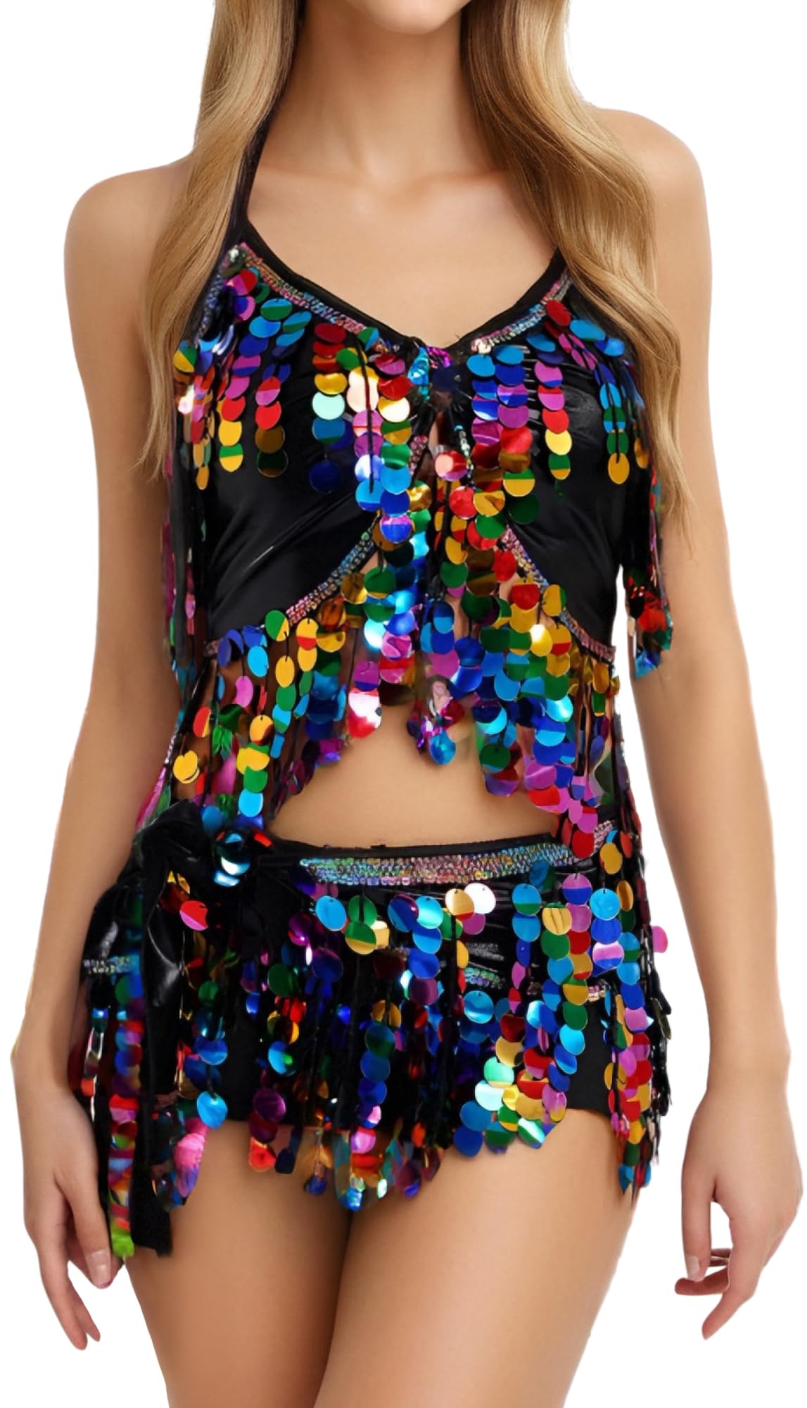 SEAUR Women Belly Dancer Costume Sequin Fringe Skirt Top Set Sparkly 2 Piece Outfit Adjustable Straps Hip Scarf Quinceanera Halloween Party Carnival Black