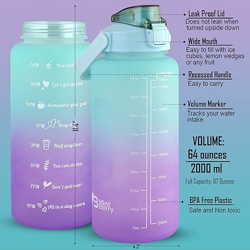 Miniatura 2 de Mint Berry 64 OZHalf Gallon Water Bottle Jug with Motivational Time Marker Straw with Brush Leakproof BPA Free Reusable, Drink Enough Water Daily
