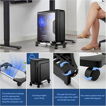 PC Ständer für PC-Tower Computer Desktop Ständer Universal verstellbare CPU Ständer mit Rollen - (Schwarz)