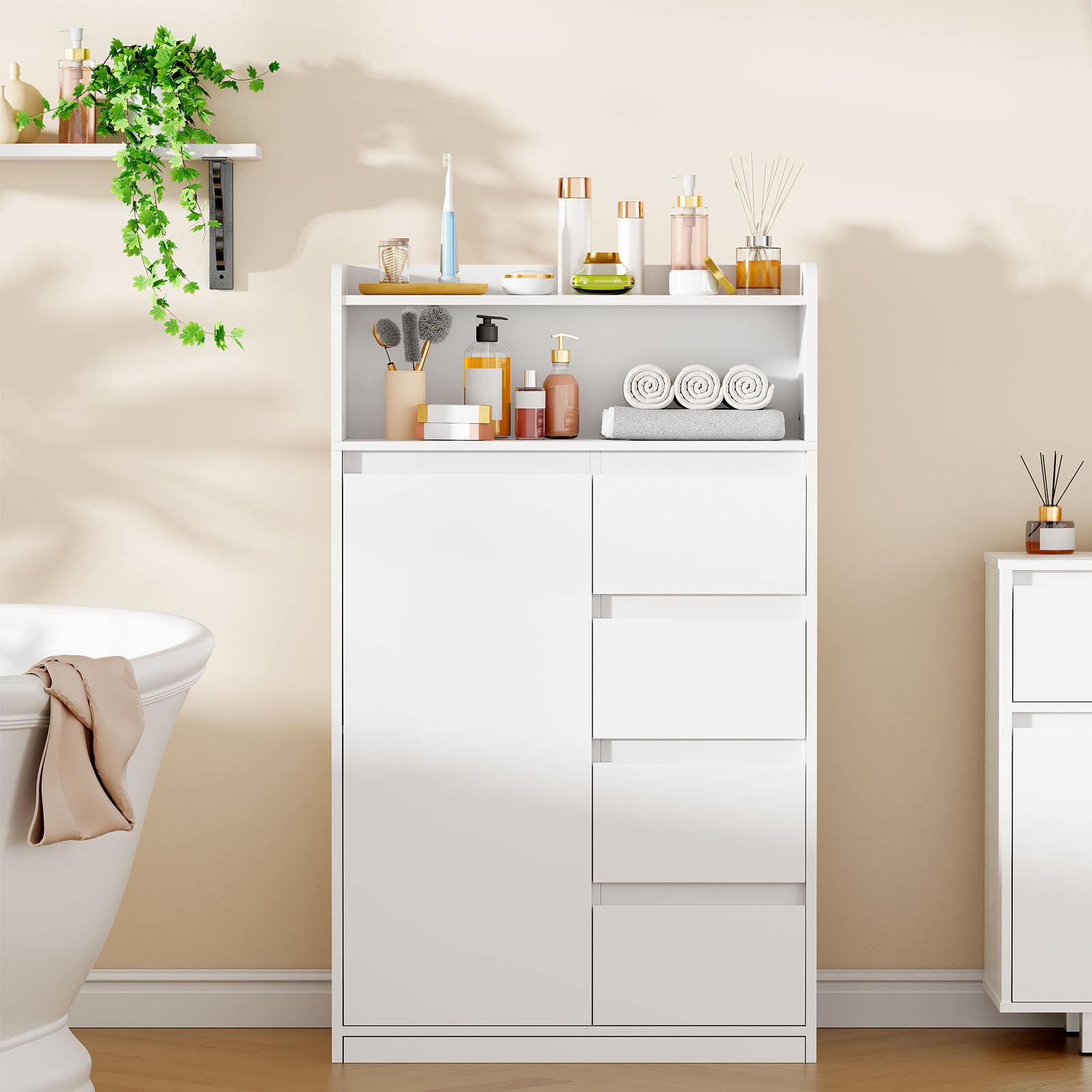 ANWBROAD Armario de Baño con 4 Cajones, 1 Puerta de Armario y Estantes Ajustables, Armario de Almacenamiento para Baño, Salón, Cocina, Blanco, 110 x 60 x 30 cm, SBC014W
