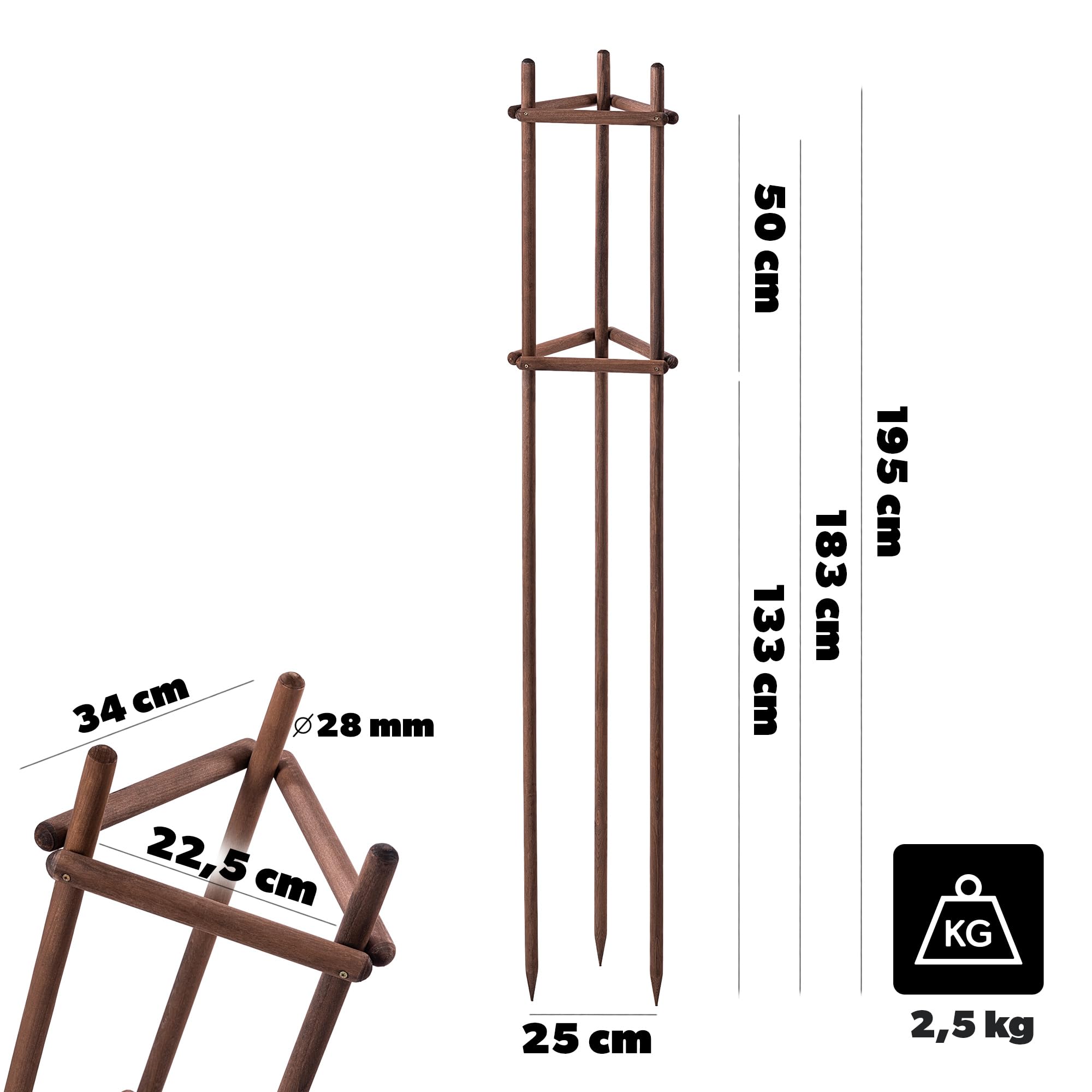 KADAX Podpórka pod drzewko 195 cm z wytrzymałego drewna, słupek do bezpiecznego mocowania młodych drzew i krzewów, trójnożna podpórka do roślin z drewna bukowego do ogrodu