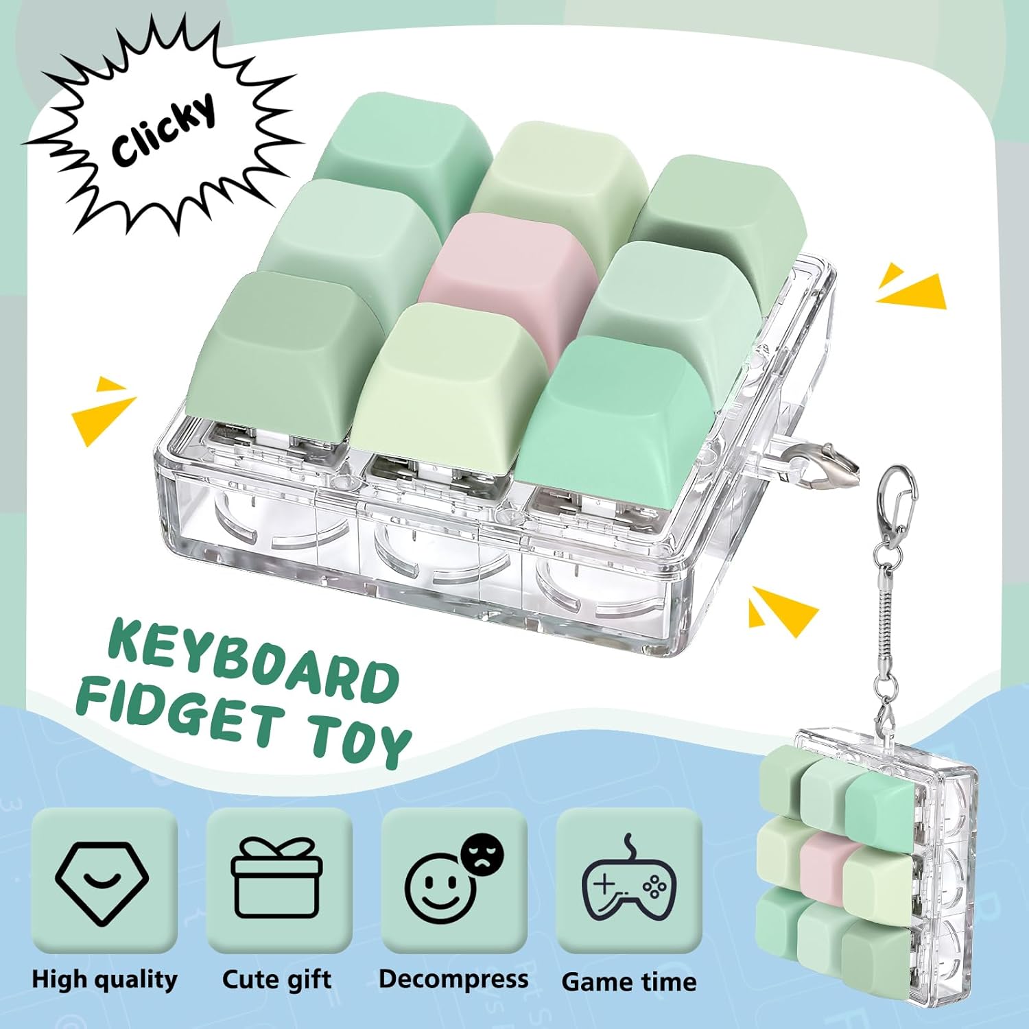 Axlksia Keyboard Fidget Toy, Fidget Clicker Keyboard Fidget Keychain, Button Fidget Gifts for Adults to Relieve Stress and Pass Time (2 Pack D)