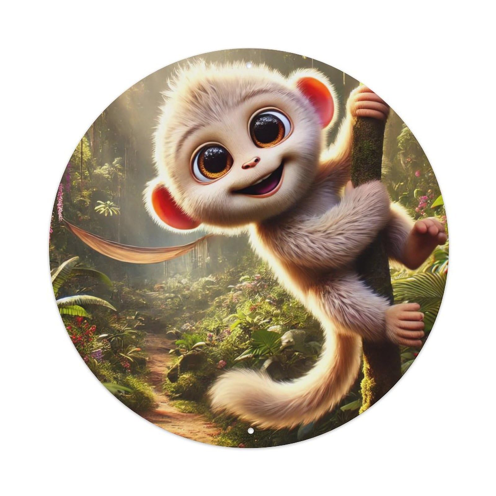 Animal Artwork Little Monkey Climbing Up A Tree Vintage Metal Tin Sign Plaque Wall Decor for Cafe, Club Bar, Office, Garden Metal Poster 8x8Inch