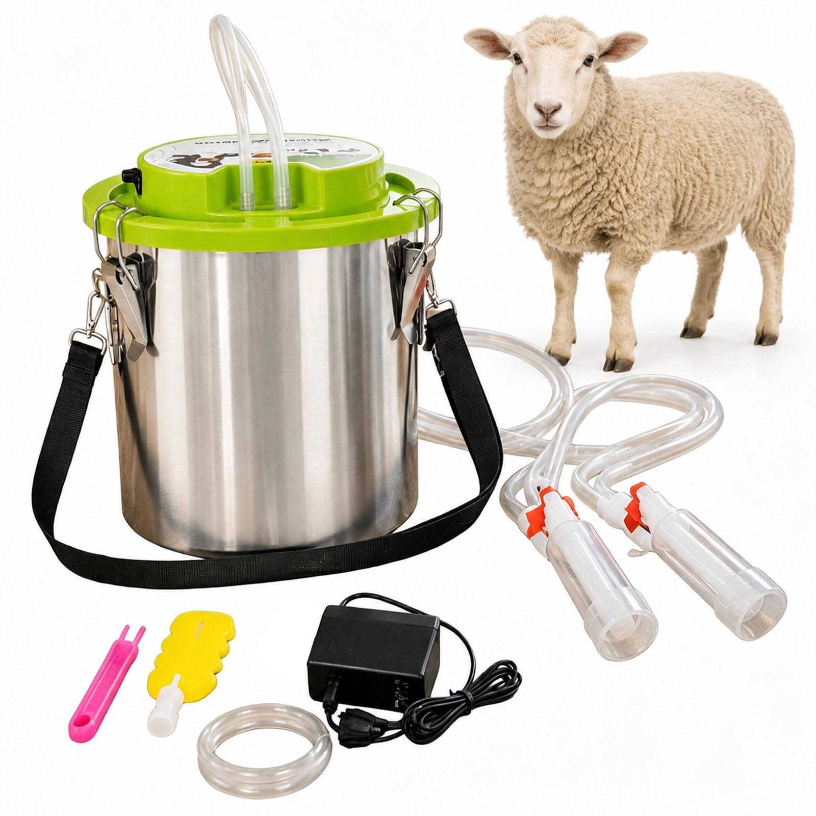 moupeaktain Portable Milking Machine for Cows and Goats, 12L Electric Goat Milker Machine with 5200mah Battery, Gentle Pulsation, Automatic Stop, Stainless Steel Bucket, Silicone Tubing Sheep