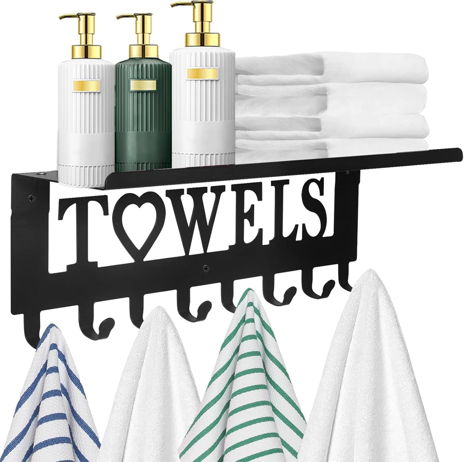 Towel Rack with Shelf 8 Hooks, Bathroom Towel Holder Metal Shelf Organizer, Wall Mounted Storage for Towels, Robes, Clothes in Bathroom, Kitchen, Bedroom,Home