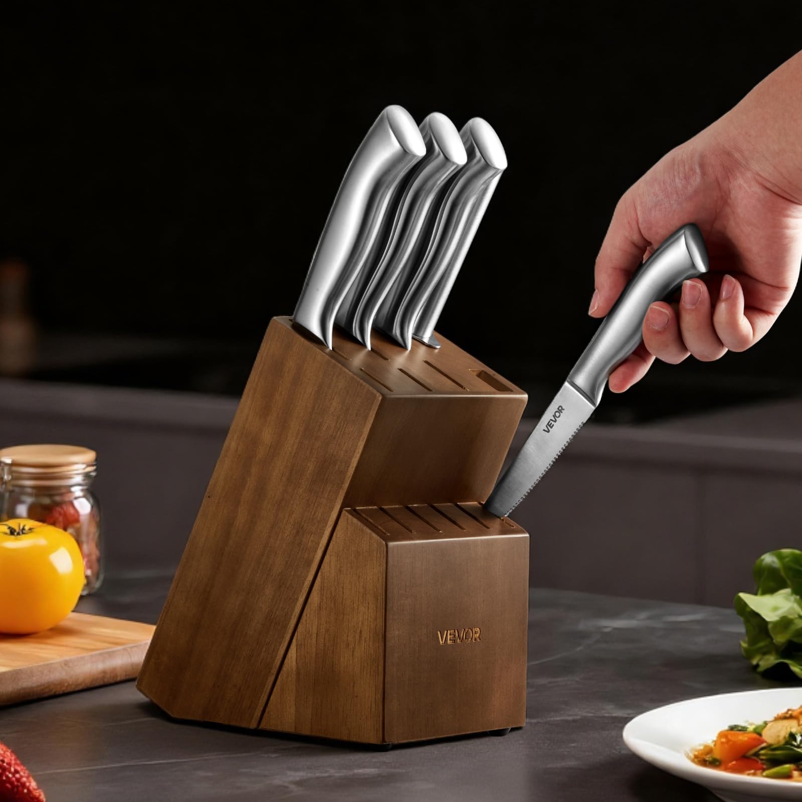VEVOR Ensemble Couteaux de Cuisine avec Bloc, 15 Pièces, Manche et Lame en Acier Inoxydable à Haute Teneur, Bloc en Bois à Couteaux et Ciseaux de Cuisine Tranchants avec Fusil à Aiguiser